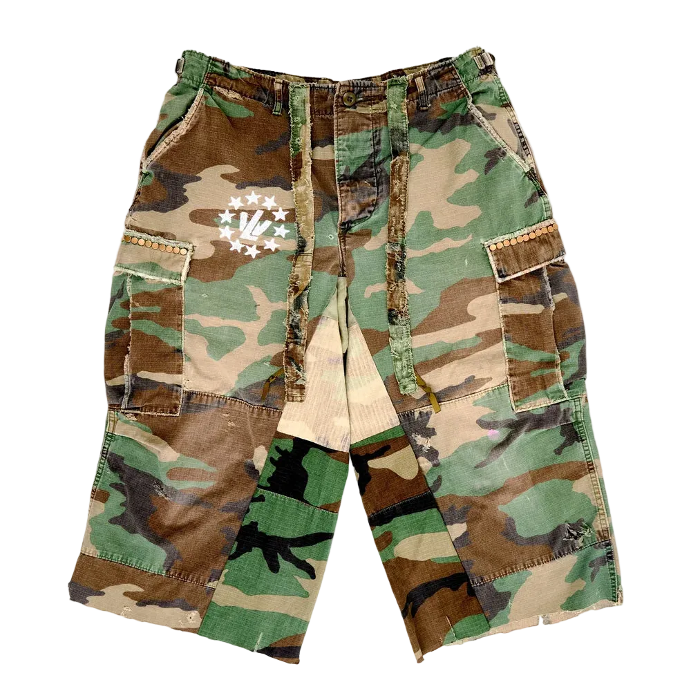 Elongated Cargo Camo Shorts